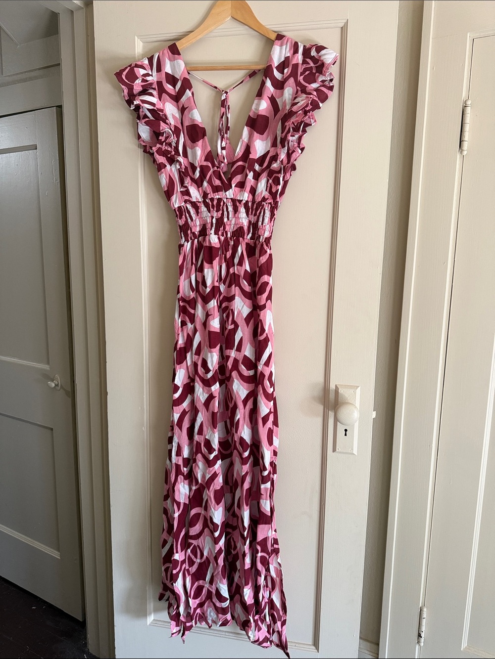 Tiare Hawaii Pink and Burgundy Abstract Ruffle Maxi Dress